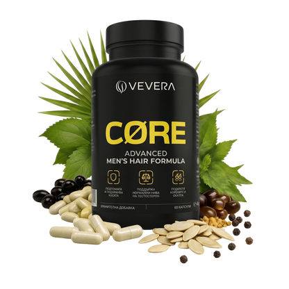 VEVERA CORE — хранителна добавка за коса за мъже, опаковка с 60 капсули